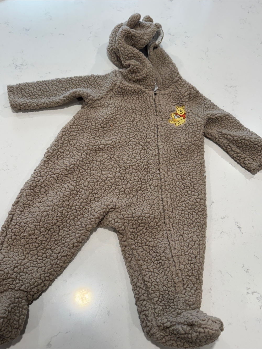 Taupe Sherpa Baby Footie with Bear Patch Winnie and Pooh sweatshirt Disney